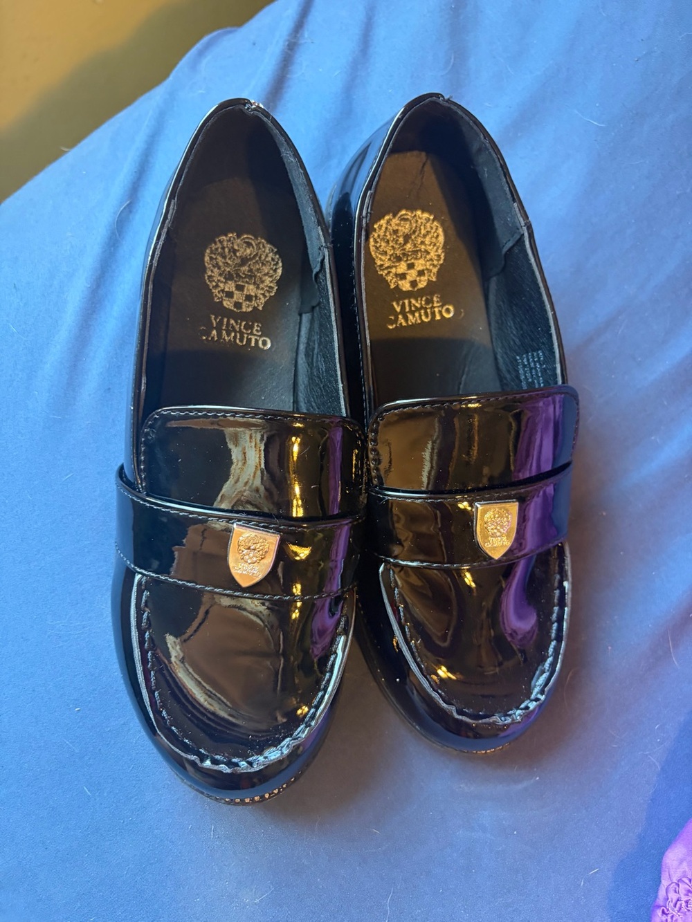 Vince Camuto Kids Black Patent Loafers with Gold Emblem